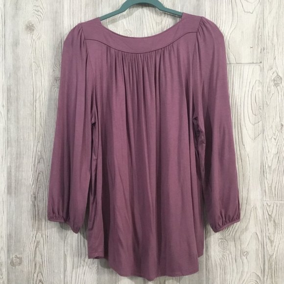 Cable & Gauge Purple Pleated Puff Shoulder Balloon Sleeve Casual Stretch Blouse - Picture 5 of 8